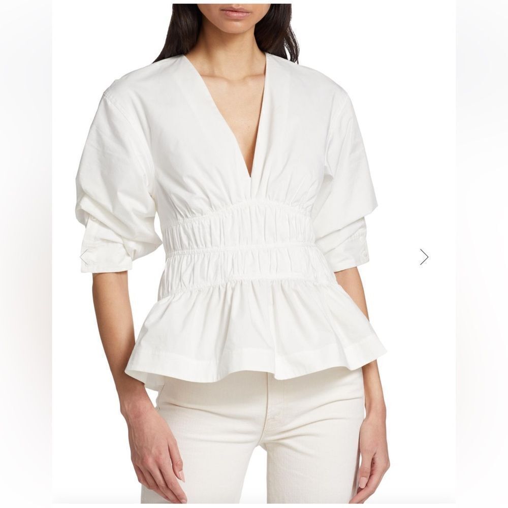 NEW Jonathan Simkhai Yuni Cotton Poplin Ruched Blouse White Size 8 - Picture 2 of 13